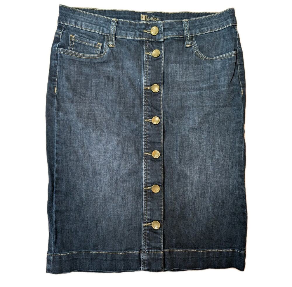 Kut From The Kloth Button Front Denim Skirt Stretch Blue Pencil Mini Size 2